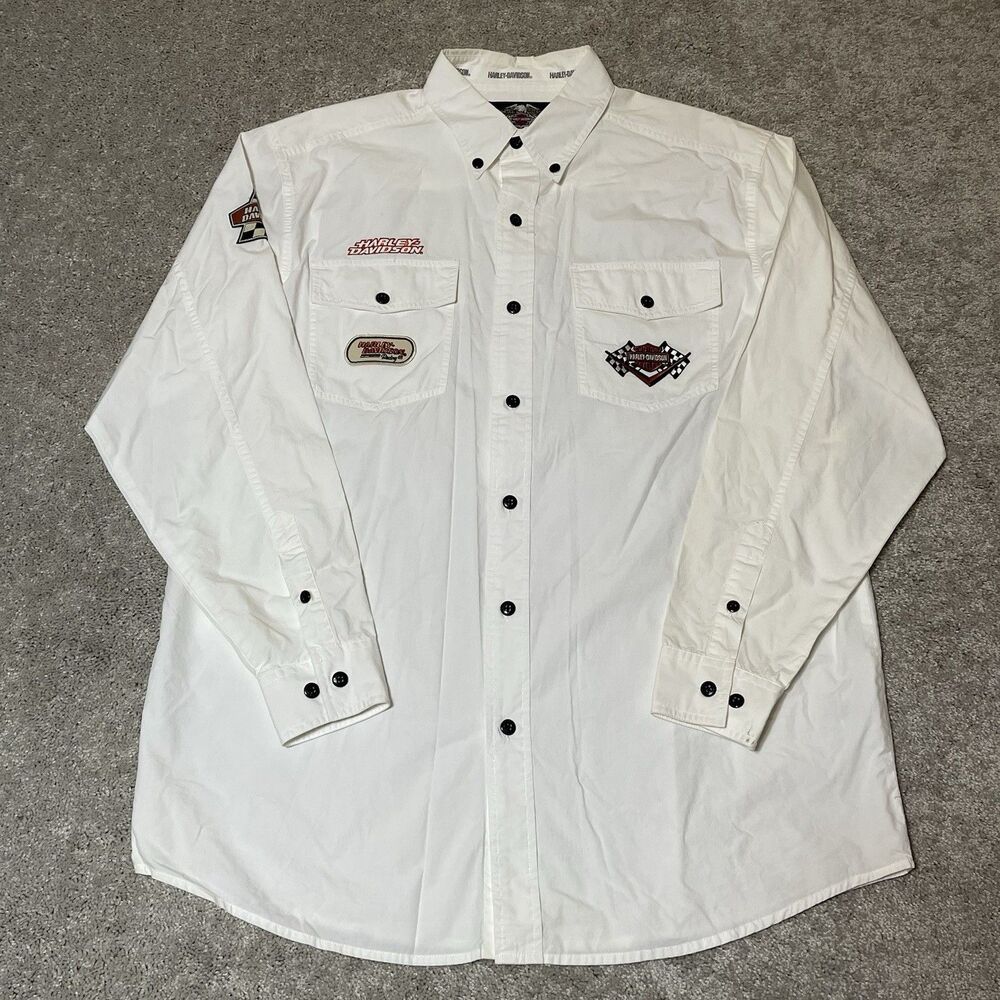 Harley Davidson Racing Button Down Shirt Mens L White W/ Embroidered Patches